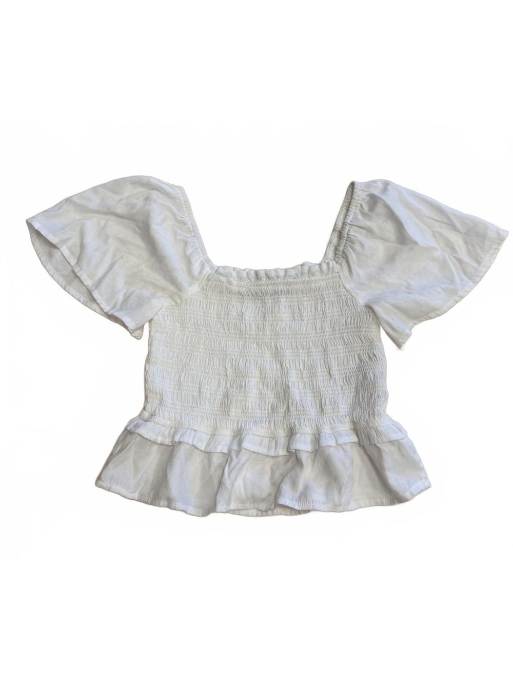 2bella White Smocked Peplum Top with Puff Sleeves Size S